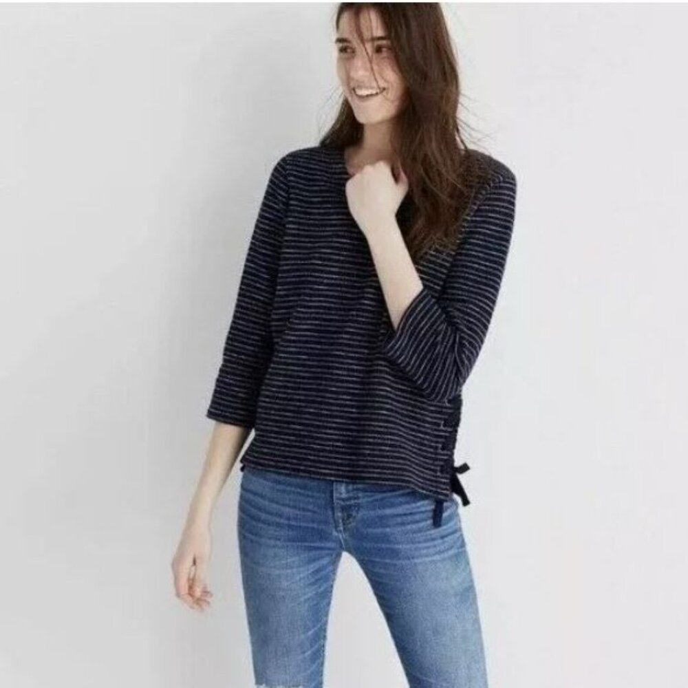 Madewell Striped Side Lace Up Top Pullover Top Navy Blue Small